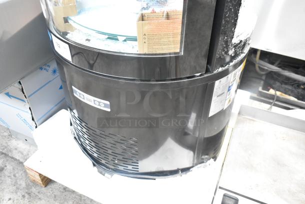 BRAND NEW Avantco 193BCR15HCB black refrigerated display case, scratch and dent with glass damage, on commercial casters.