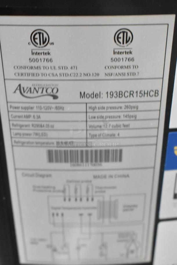 Avantco 193BCR15HCB refrigerated display case, black circular glass, 115V, 1 phase, scratch and dent condition, glass damage noted.