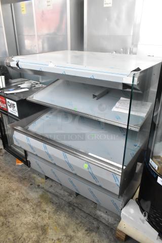 BKI HSS4-2TSQ stainless steel commercial 2-tier warming display case, brand new, with protective wrapping and minor dents. 230V, 1 phase.
