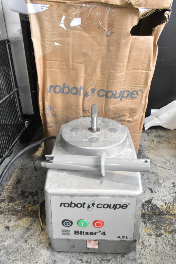 Robot Coupe Blixer 4 Series A base, stainless steel, 4.7 qt capacity, 120V, visible wear, includes original box and labels.