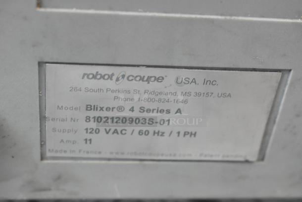 Robot Coupe Blixer 4 Series A label displaying model, serial number, voltage, and manufacturer info.