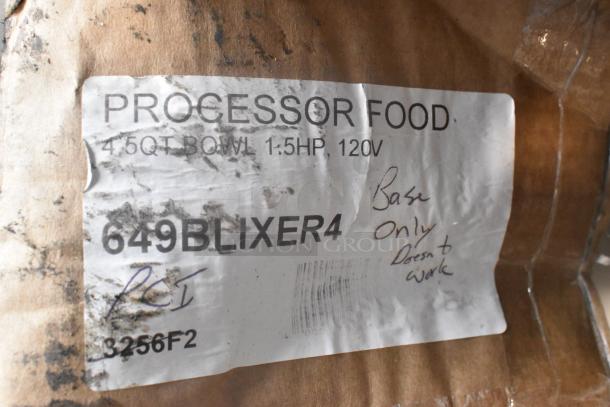 Label on Robot Coupe Blixer 4 food processor box. Features 4.5 qt bowl, 1.5 HP, 120V. Handwritten note: "Base Only, Doesn't Work."