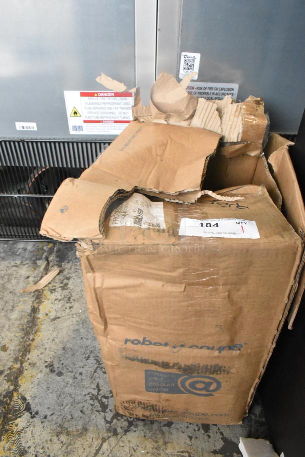 Cardboard box containing Robot Coupe Blixer 4 Series A food processor. Box is slightly battered and marked. Item tag: 184.