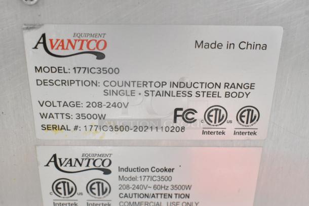 "Avantco 177IC3500 stainless steel induction range label, showing model, voltage, wattage, and certifications."