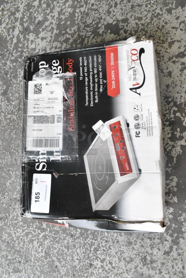 IN ORIGINAL BOX! 2021 Avantco 177IC3500 stainless steel commercial induction range, 120 volts, 1 phase. Box shows some wear.