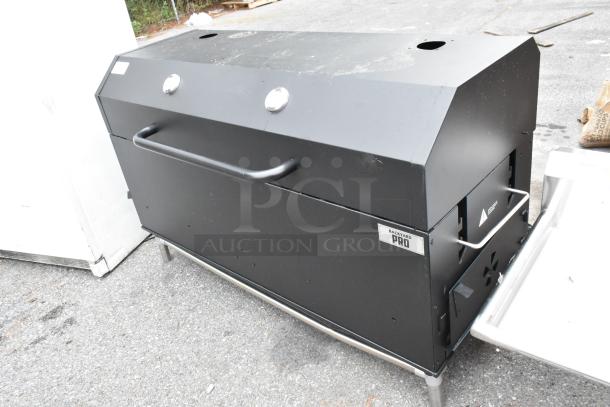 Backyard Pro Metal Commercial Grill with dual thermometers, black finish, built-in handle, and commercial casters.