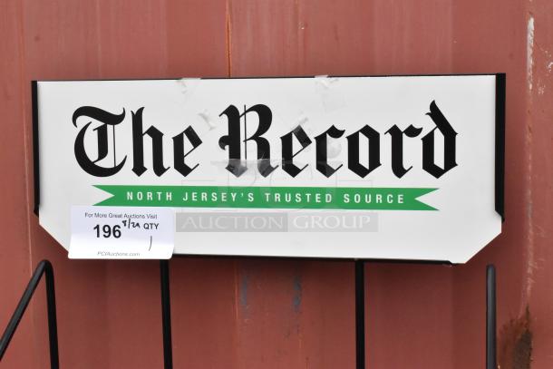Black newspaper rack with "The Record" branding, labeled "North Jersey's Trusted Source." Auction tag reads "196 QTY."