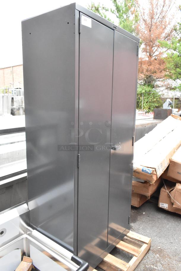 Brand new Hallowell DuraTough 21"x36"x78" gray heavy-duty 4-shelf storage cabinet, model HW6SC6178-4CL, with slight dents.