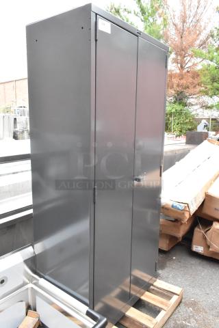 Brand new Hallowell DuraTough 21"x36"x78" gray heavy-duty 4-shelf storage cabinet, model HW6SC6178-4CL, with slight dents.