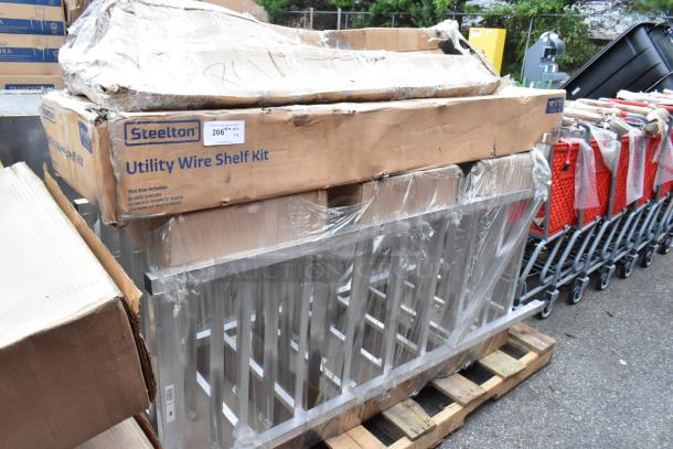 3 brand new items: Steelton 18" x 72" NSF Chrome Shelf Kit, Regency 12" x 60" Stainless Pot Rack, Regency Aluminum Can Rack.