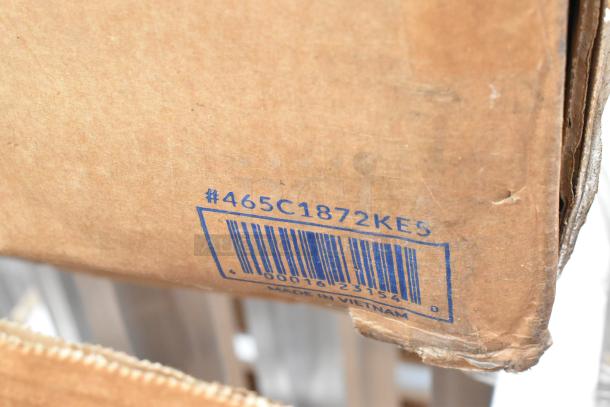 Cardboard box labeled "#465C1872KE5" indicating a Steelton 18"x72" NSF Chrome 5-Shelf Kit. Box appears slightly worn.