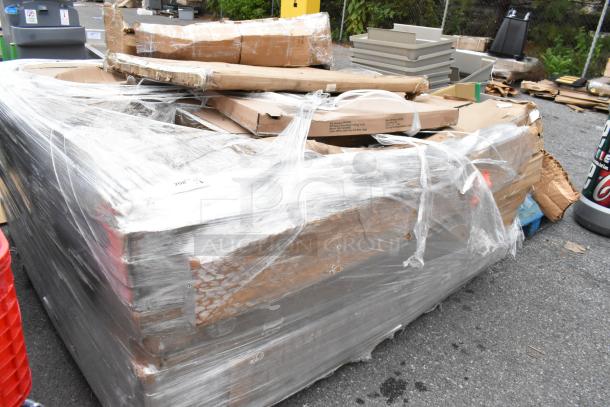 Sealed pallet of 16 new scratch and dent Lancaster tables, includes round and rectangular models, in original packaging.