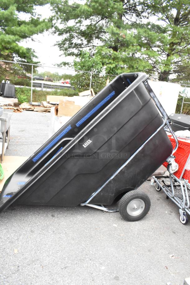 Brand new scratch and dent black poly tilt truck, made by Avex. Features durable wheels and metal frame, minor cosmetic marks.
