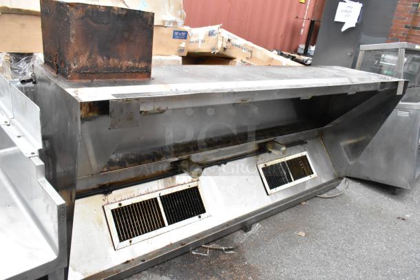 8' metal commercial return air grease hood, used condition, visible grease and rust, dual filters, industrial kitchen equipment.