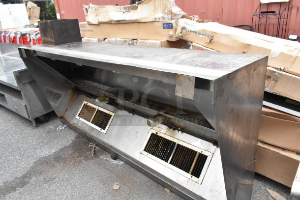 8' metal commercial return air grease hood, used condition, featuring dual vent filters, with visible signs of wear and use.