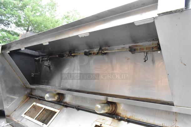 8' metal commercial return air grease hood, features visible ductwork, lighting fixtures; appears used with signs of wear.