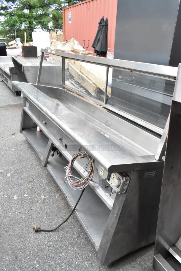 L&J CWS stainless steel steam table with sneeze guard, natural gas powered, features under shelf, and visible wiring.
