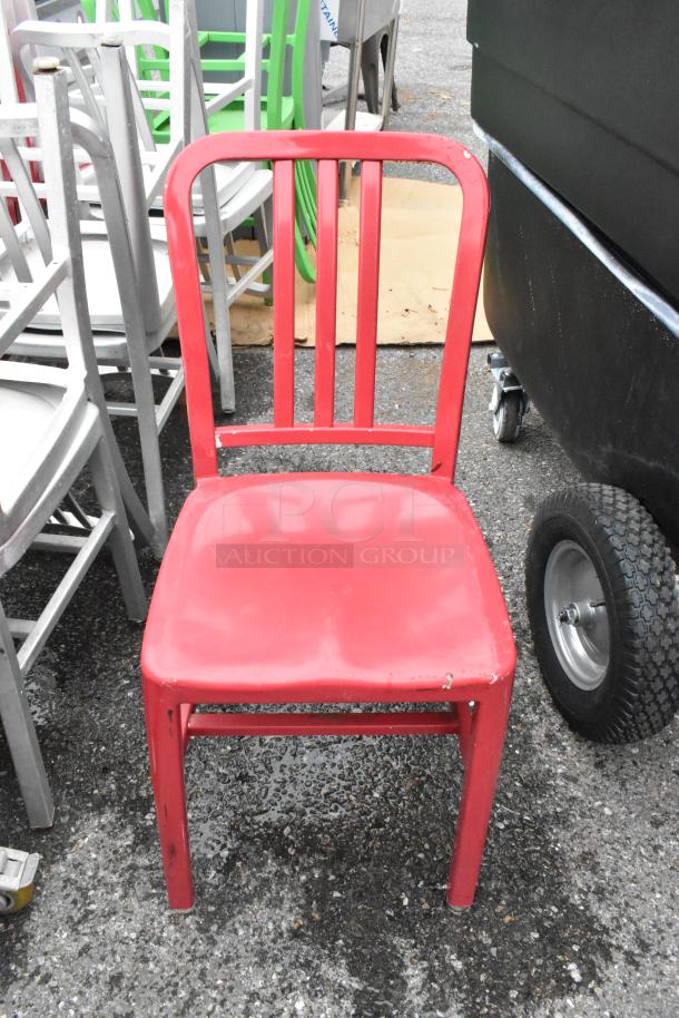 Red metal dining height chair, part of 14-chair auction lot. Green, red, silver finishes available. Used condition.