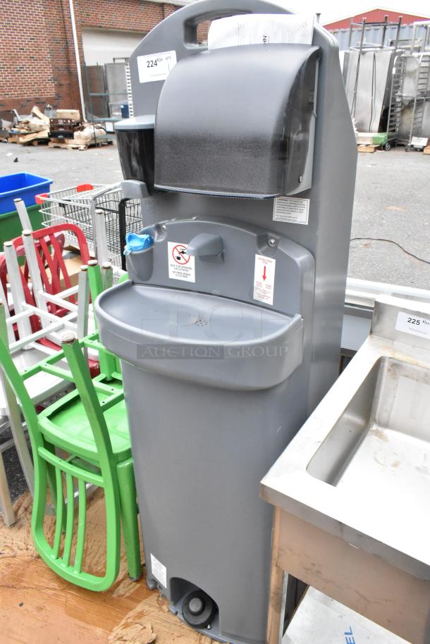 Polyjohn gray poly portable hand washing sink, excellent condition, with soap and towel dispensers and visible usage instructions.