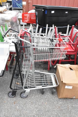 Brand new metal 2-tier shopping carts on commercial casters, scratch and dent condition, auction includes two carts.