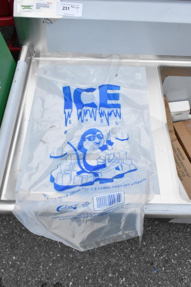 Box of new ice bags, featuring a penguin graphic and labeled "ICE." Capacity: 2.3 cubic feet, 50 lbs (22.68 kg).