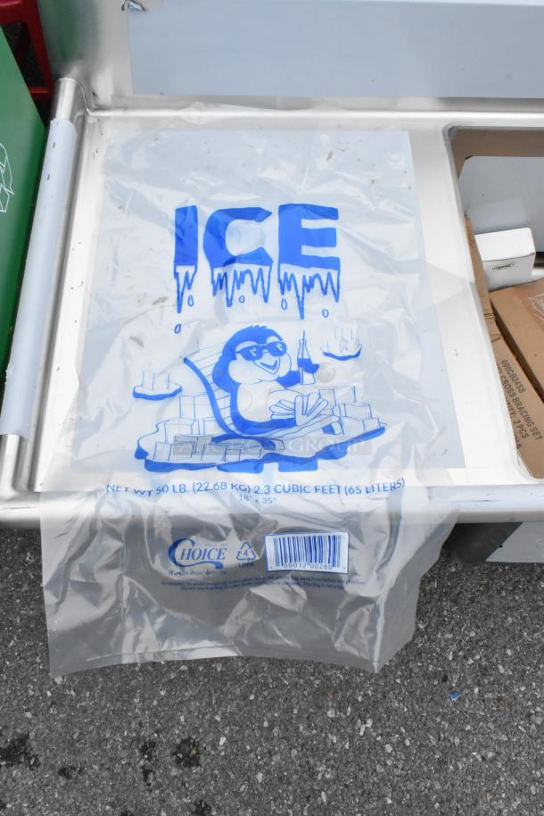 Brand new Choice 50 lb ice bag, 18x35 inches, with penguin design. Marked for 2.3 cubic feet (65 liters). Scratch and dent box.