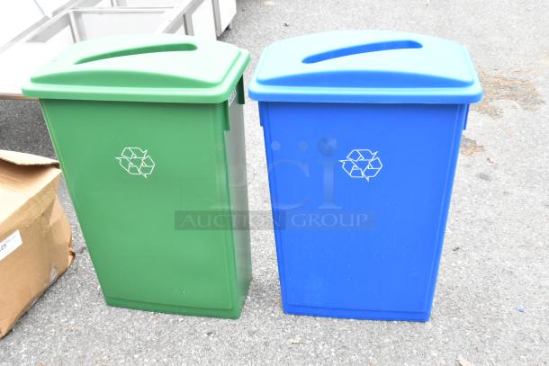 Blue and green Lavex Poly Slim Jim Recycling Bins, brand new with slight scratches, showcasing recycle symbols.
