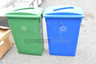 Blue and green Lavex Poly Slim Jim Recycling Bins, brand new with slight scratches, showcasing recycle symbols.
