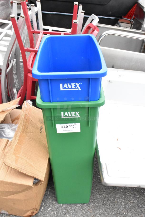 Blue and green Lavex Poly Slim Jim recycling bins, brand new with some scratches and dents, label reads "PCIAuctions.com."
