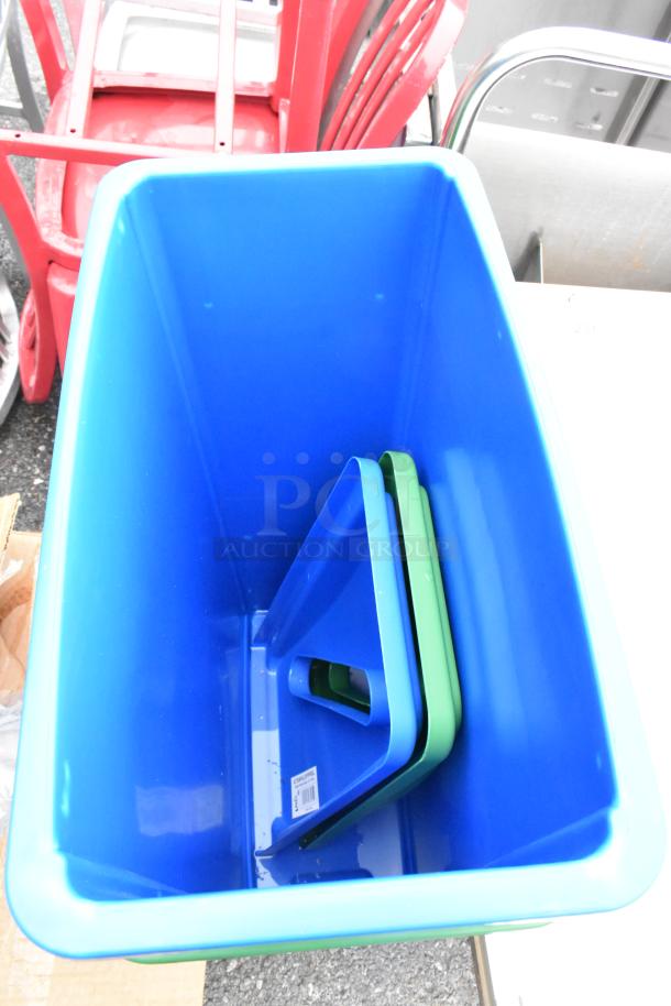 Brand new Lavex Poly Slim Jim recycling bins, blue and green, with lids. Scratch and dent condition.