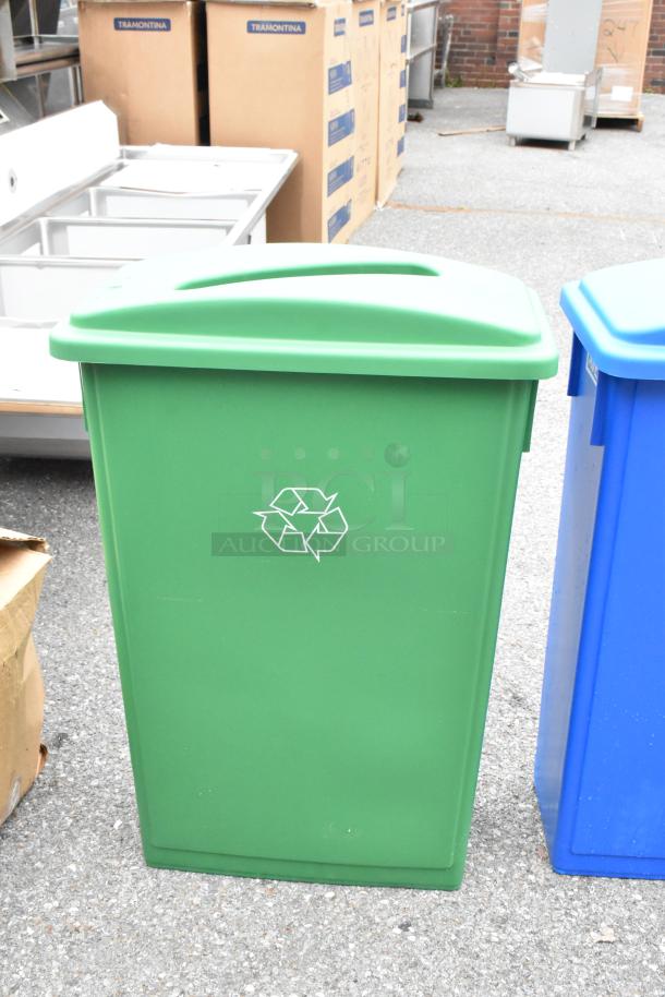 Brand new Lavex Poly Slim Jim recycling bins in green and blue, with recycling symbol, slight scratches, durable plastic.