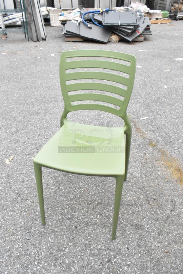 Green Tramontina Sofia dining chair, stackable design, brand new, minor cosmetic wear. Sold in boxes of four.