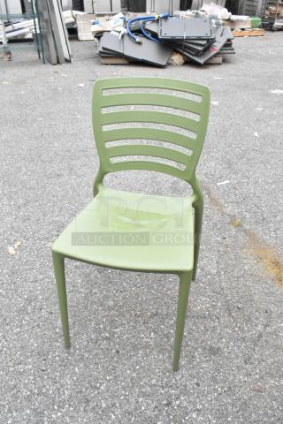 Green Tramontina Sofia dining chair, stackable design, brand new, minor cosmetic wear. Sold in boxes of four.