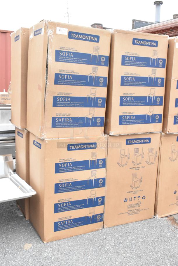 Eight boxes of Tramontina Sofia dining chairs, new condition, each box contains four chairs, labeled for auction.