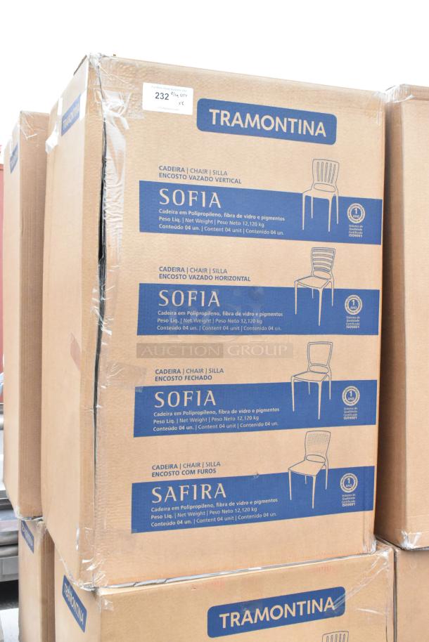 8 new boxes of Tramontina Sofia dining chairs, 4 chairs per box. Slight scratch and dent. Model details on boxes.