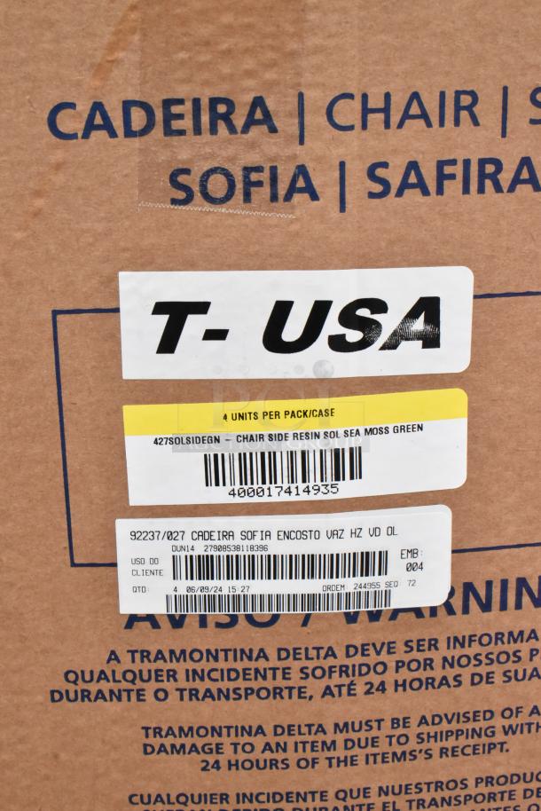 8 new boxes of Tramontina Sofia Dining Height Chairs, 4 per box. Seen with labels indicating model and sea moss green color.