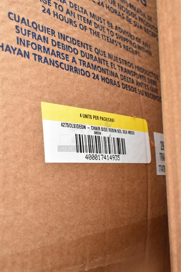 Cardboard box with Tramontina Sofia dining chair labels. Scratch and dent condition. Contains 4 green resin chairs.