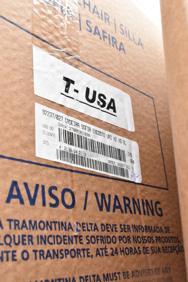 Image showing a label on a box of Tramontina Sofia dining height chairs. Box marked "T-USA" and details shipping instructions.