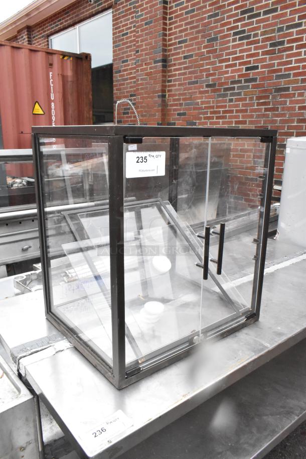 Metal Countertop Dry Display Case Merchandiser, glass panels, black frame, dual handles, excellent condition, auction label visible.