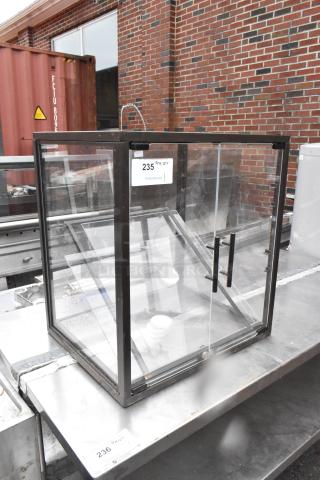 Metal Countertop Dry Display Case Merchandiser, glass panels, black frame, dual handles, excellent condition, auction label visible.