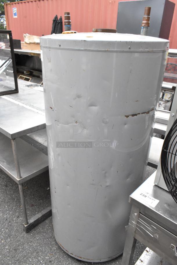 AO Smith BT-80 400 natural gas water heater, metal finish, 75,100 BTU, minor exterior wear, visible piping connections.