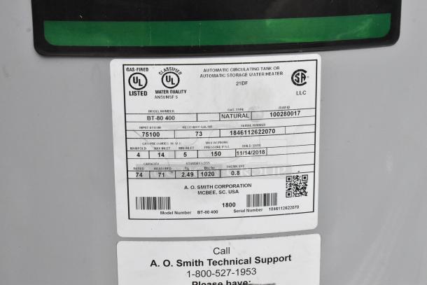 AO Smith BT-80 400 water heater, natural gas, 75,100 BTU. Label shows model, capacity, and technical support info.