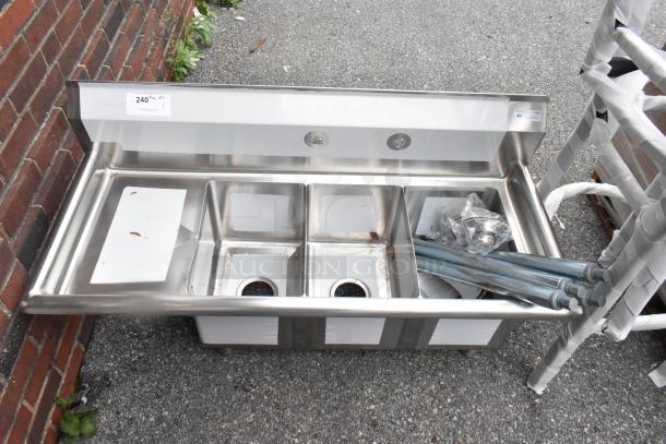 Stainless steel KoolMore SC101410-12L3 3 bay commercial sink with left drain board, new with minor scratches. Includes labels and hardware.