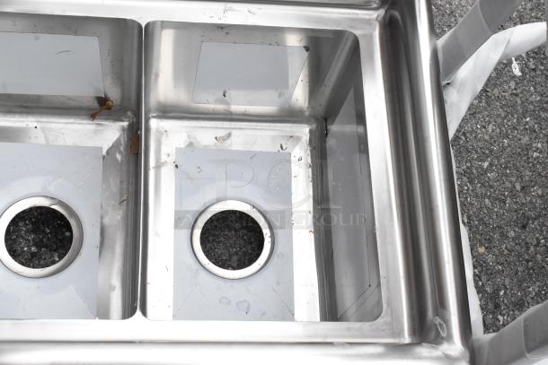 BRAND NEW KoolMore SC101410-12L3 stainless steel commercial 3 bay sink with scratches, dent, and left-side drain board.