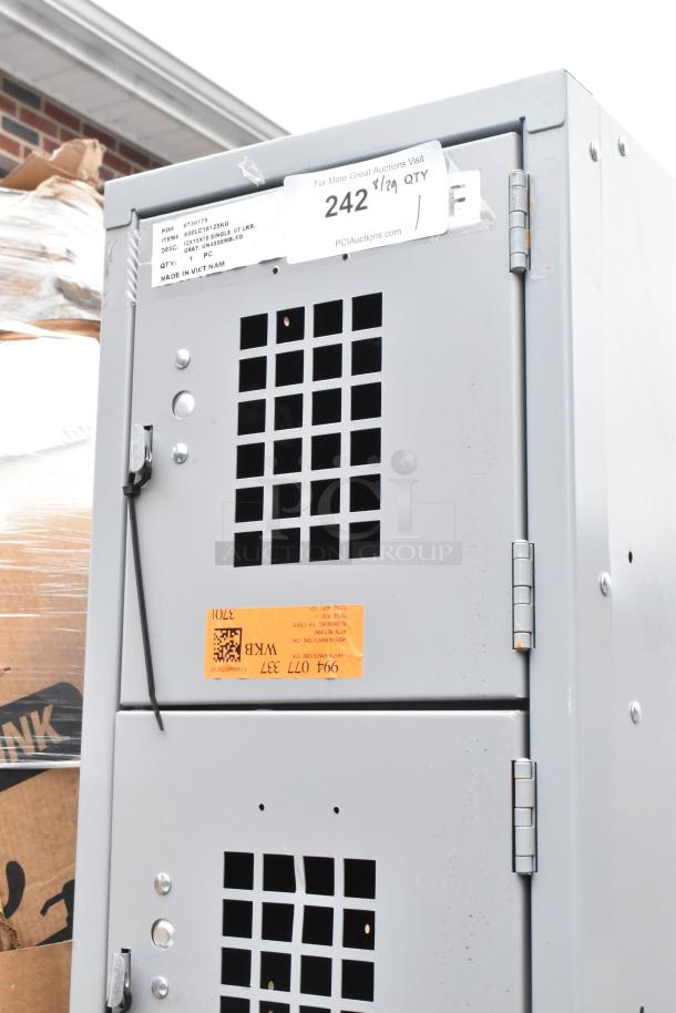 Brand new Regency 600LC16125KG gray 12"x15"x78" single, 6-tier locker. Scratch and dent condition, visible labels.