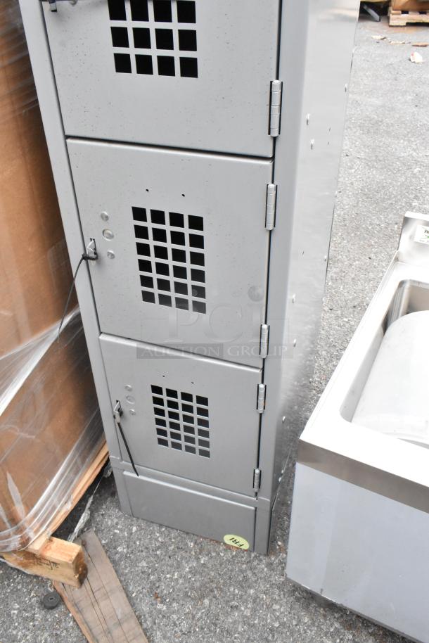 Alt text: Regency Space Solutions gray 6-tier locker, 12"x15"x78", scratch and dent, with ventilation grids on doors.