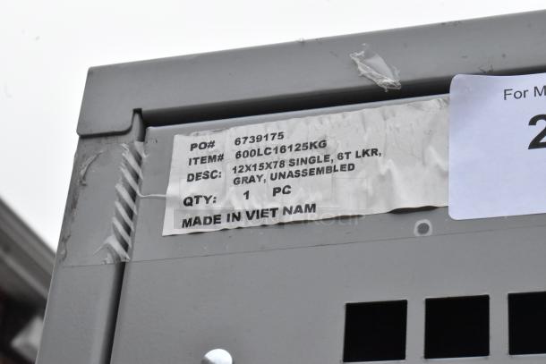 Brand new scratch and dent Regency 600LC16125KG gray 12" x 15" x 78" unassembled single, 6-tier locker with label. Made in Vietnam.