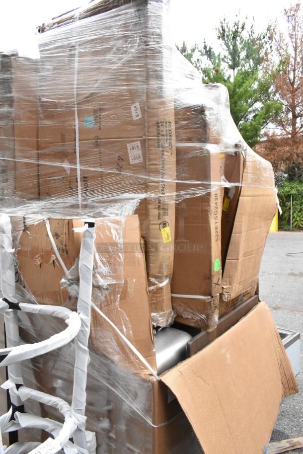 Pallet of 18 new scratch and dent items including Vollrath slicer, Regency shelves, and Ozark River sink, partially boxed.