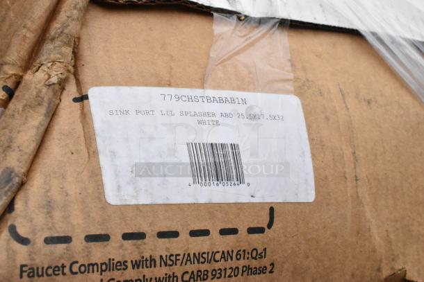 Cardboard box with label reading "779CHSTBABAB1N SINK PORT LIL SPLASHER ABD 25.5X17.5X32 WHITE" and barcode visible.