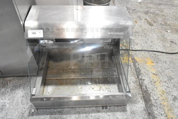 Alto Shaam stainless steel countertop heated display case, 115 volts, 1 phase, glass front, lighted interior, visible wear.